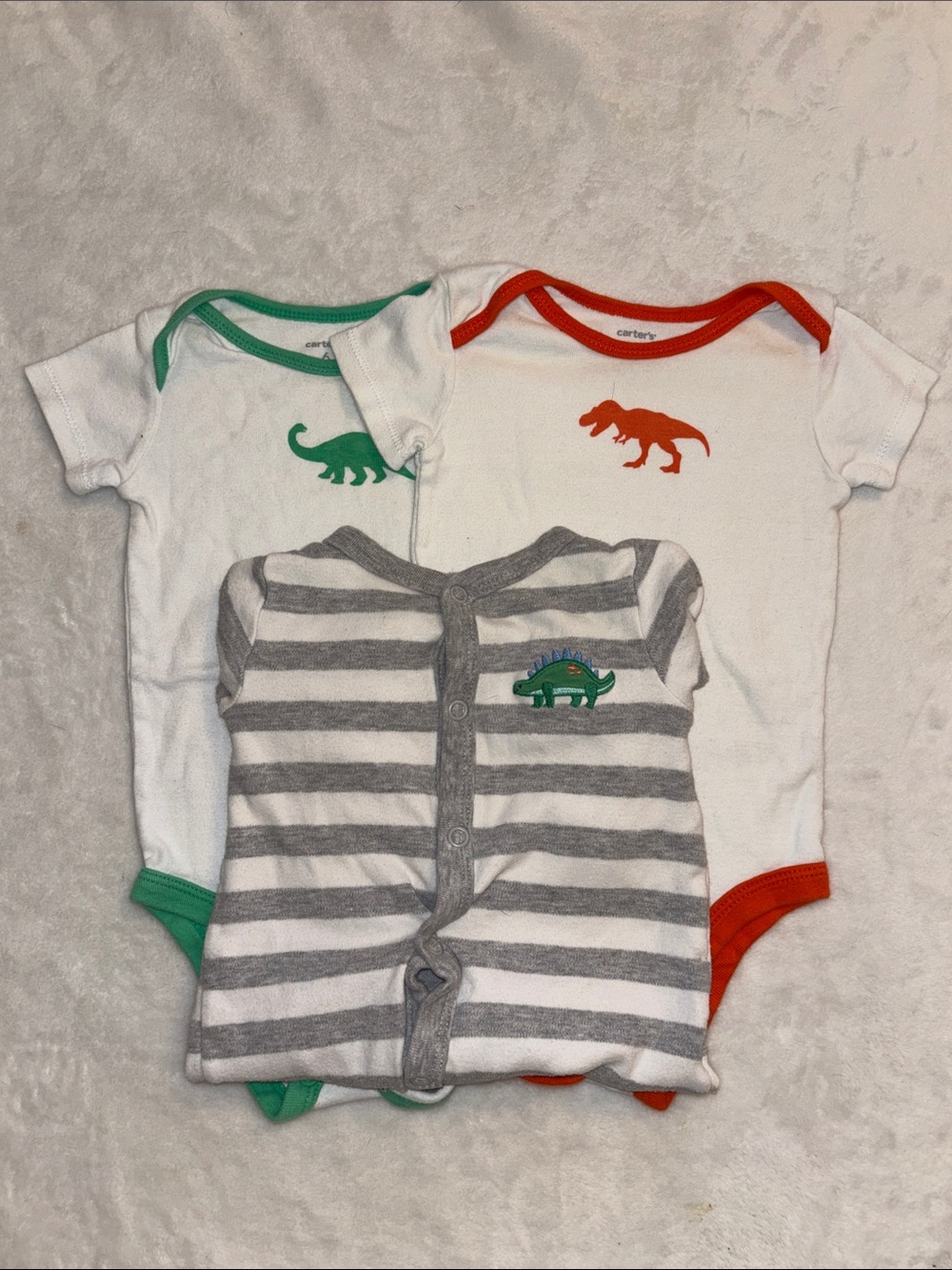 3-Piece Baby Bodysuit Set with Dinosaur Prints - Green, Orange, Gray